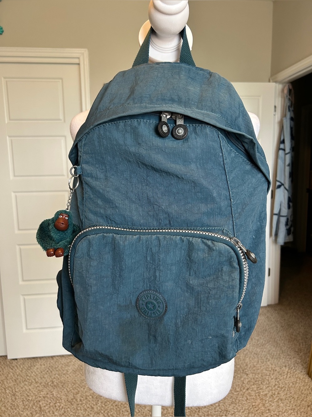 Classic Vintage Kipling Ridge Backpack in Teal Gorilla Bag Charm Y2K